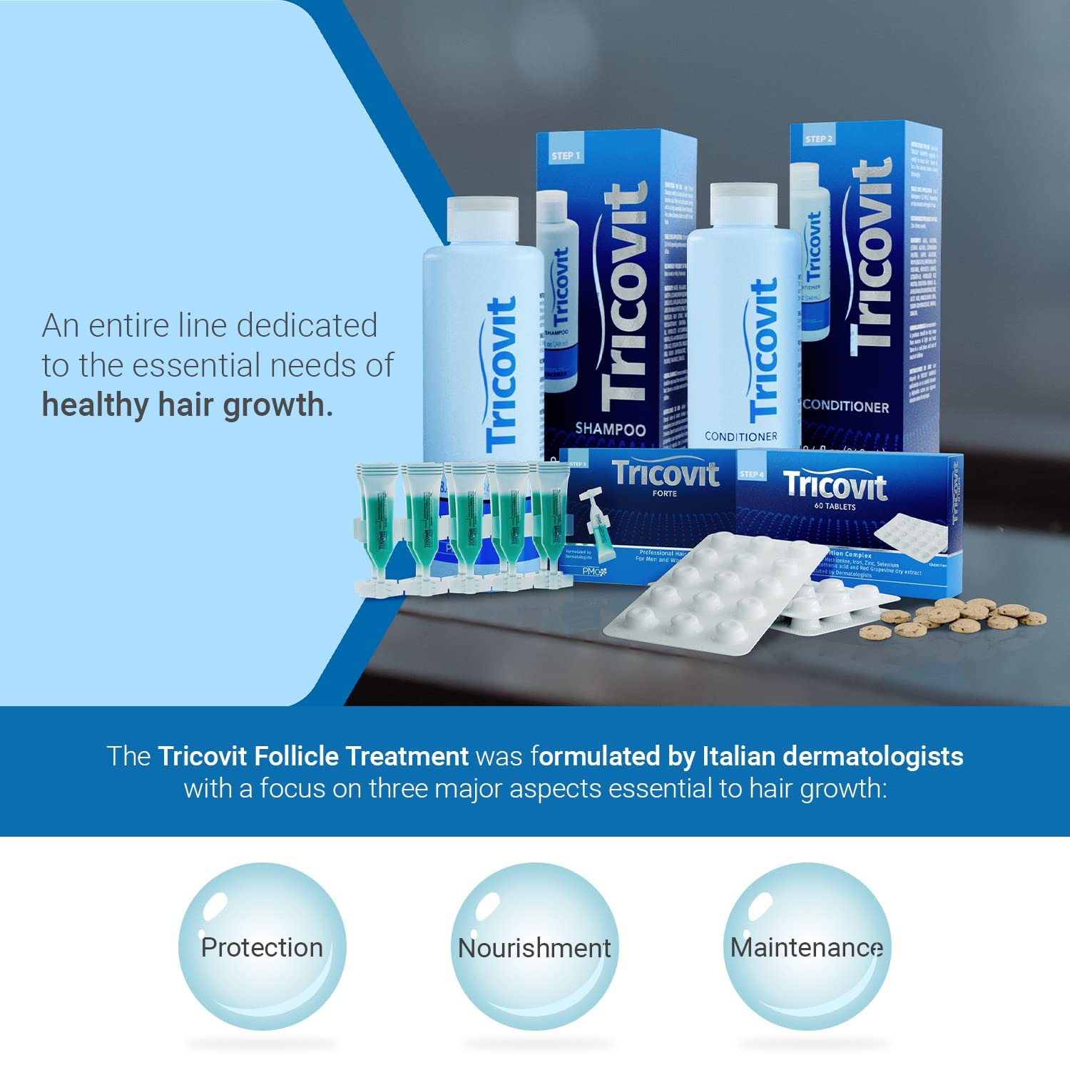 Tricovit glass bottle with capsules ready for daily use.