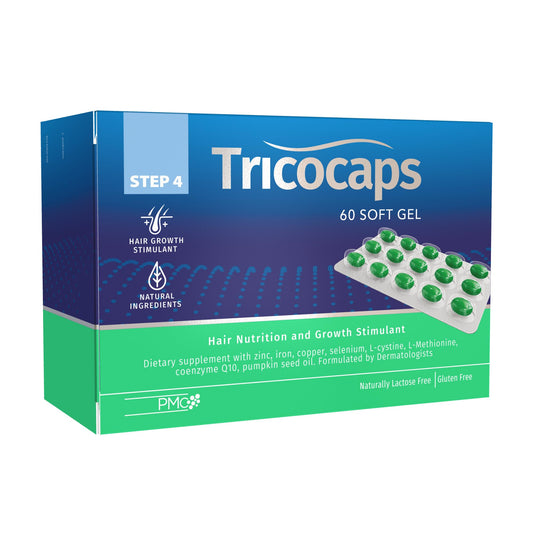 Tricovit Pro softgel bottle supports daily hair health.