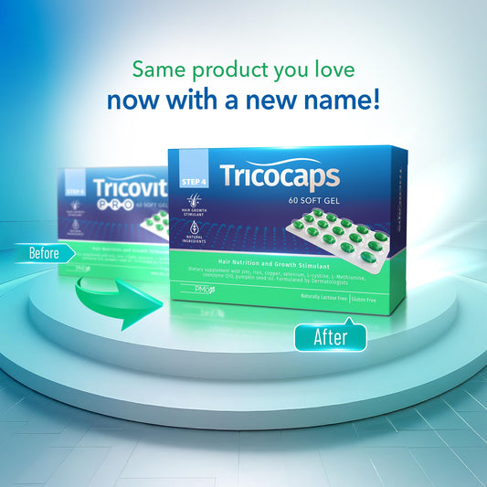 Tricovit Pro softgels close-up shows easy-to-swallow capsules.