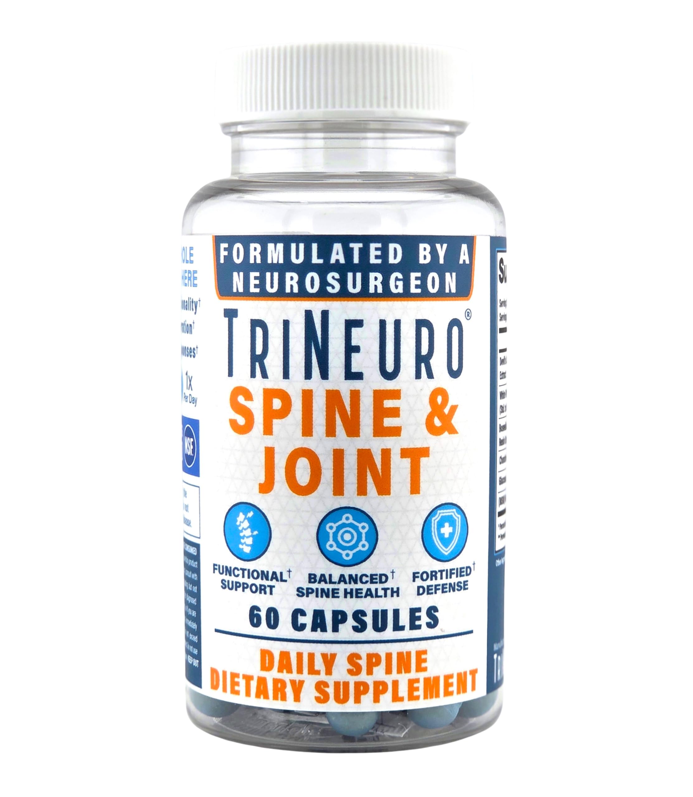 TriNeuro daily spine bottle shows NSF-certified mobility support