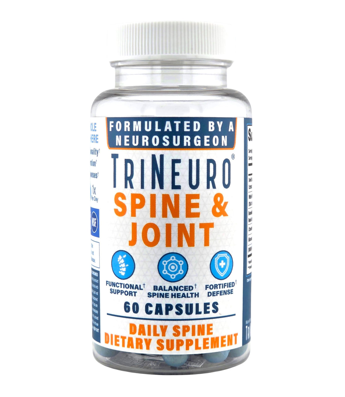 TriNeuro daily spine bottle shows NSF-certified mobility support