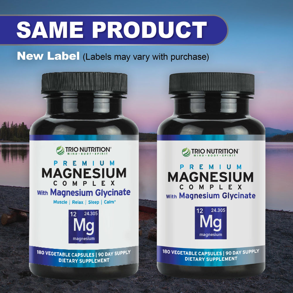 TRIO NUTRITION Magnesium Complex in a serene bedtime setup.