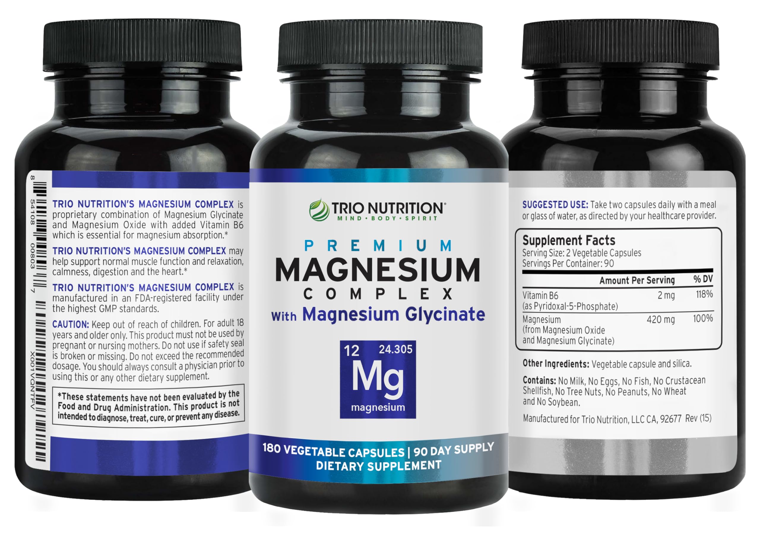 TRIO NUTRITION bottle label with allergen-free claims highlighted.