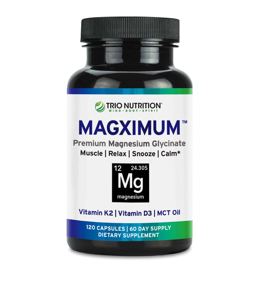 Trio Nutrition MagXimum bottle pour shows convenient, all-in-one support for relaxation and recovery.