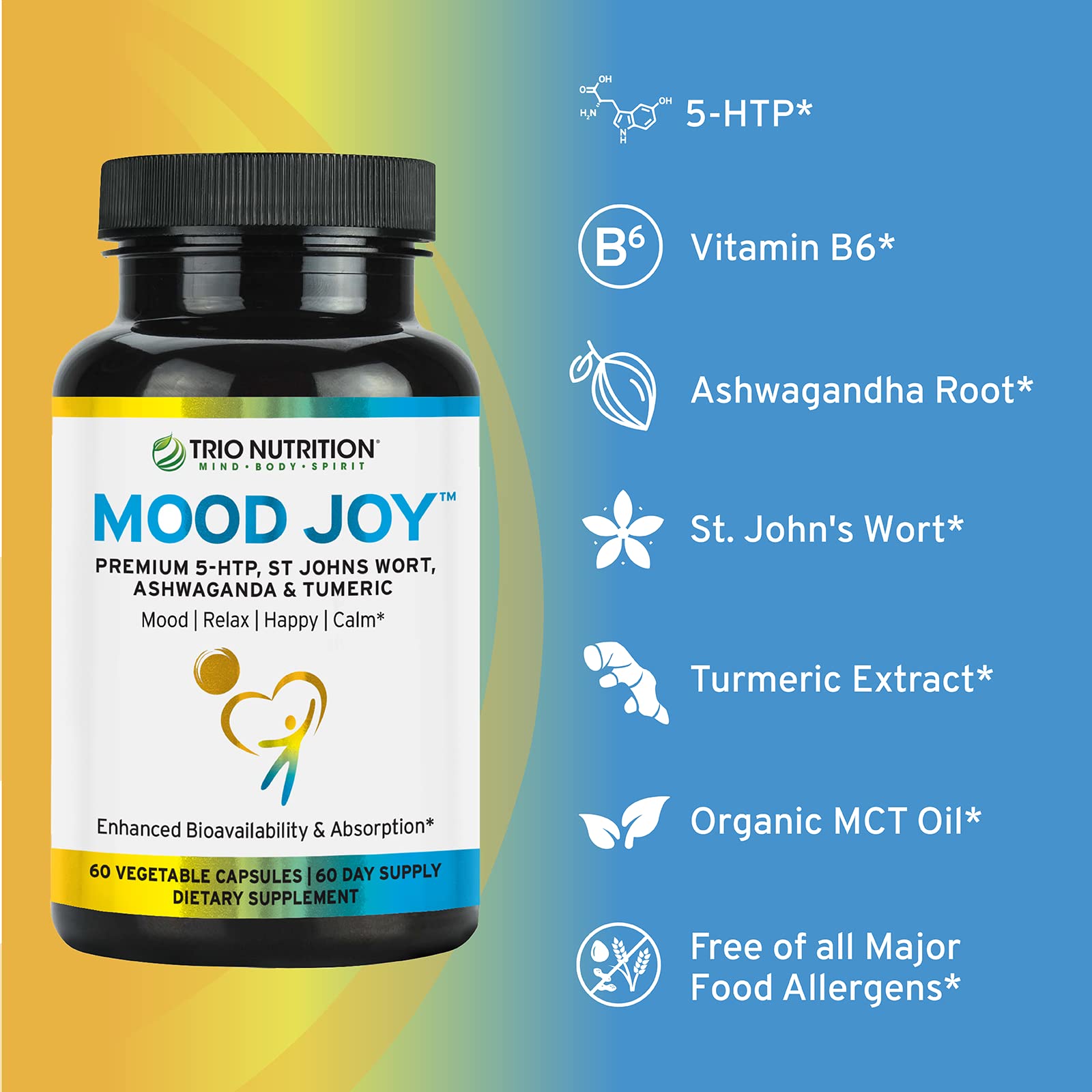 TRIO NUTRITION Mood Joy 5-HTP capsules support relaxed mood.