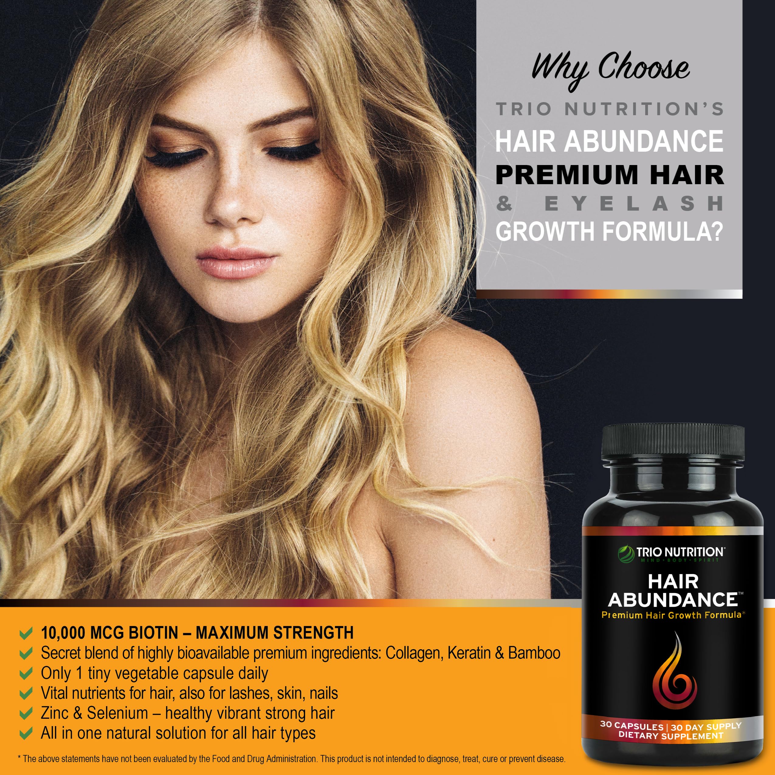 TRIO NUTRITION Hair Abundance capsules closeup highlighting collagen and biotin benefits for hair growth.
