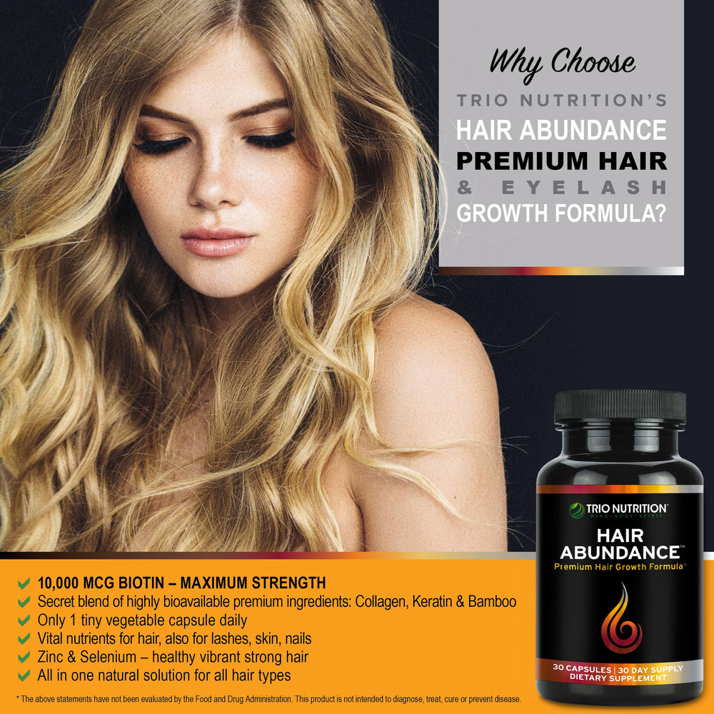 TRIO NUTRITION Hair Abundance capsules closeup highlighting collagen and biotin benefits for hair growth.