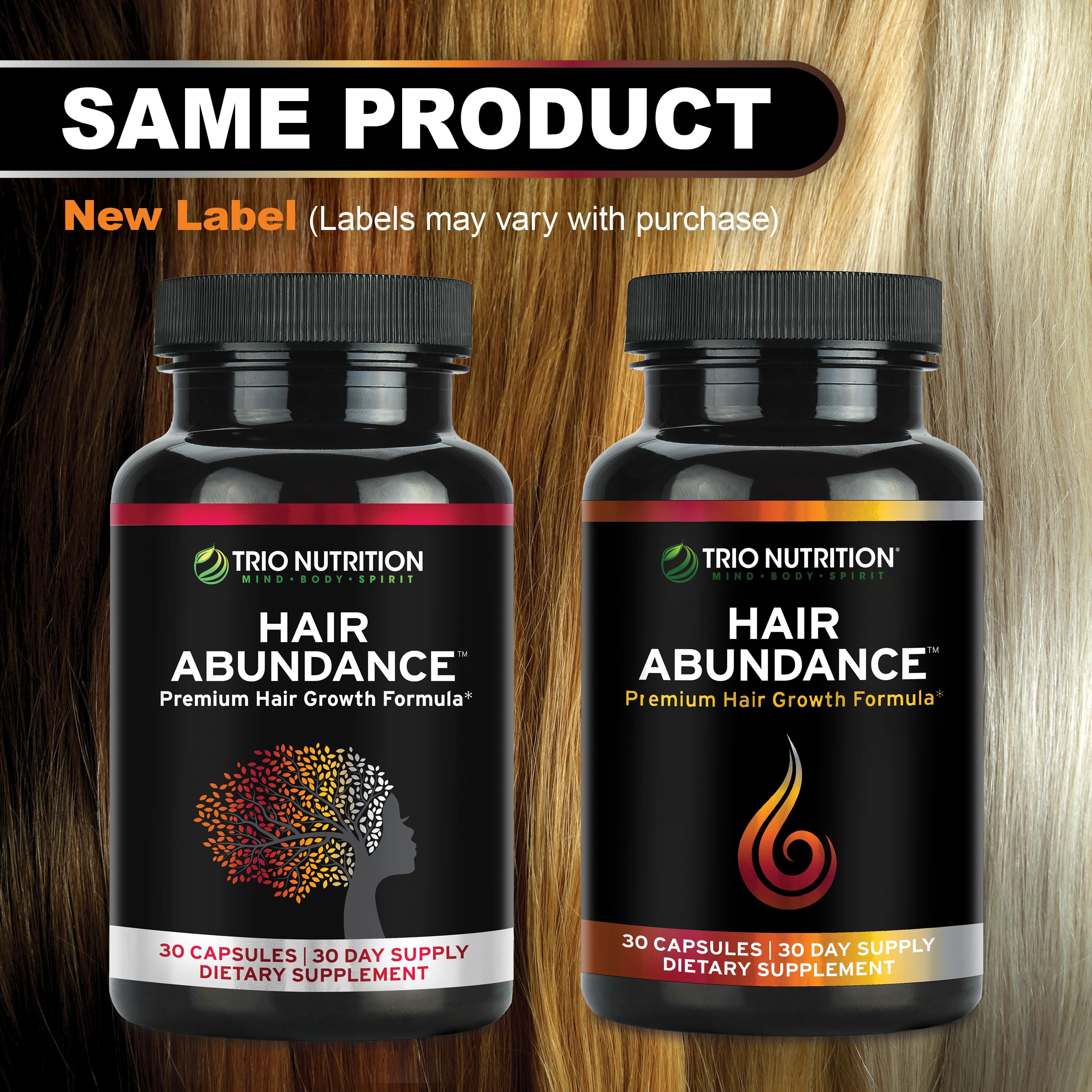 TRIO NUTRITION Hair Abundance daily-dose concept suggesting easy ongoing hair health routine.