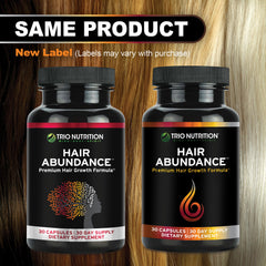 TRIO NUTRITION Hair Abundance daily-dose concept suggesting easy ongoing hair health routine.