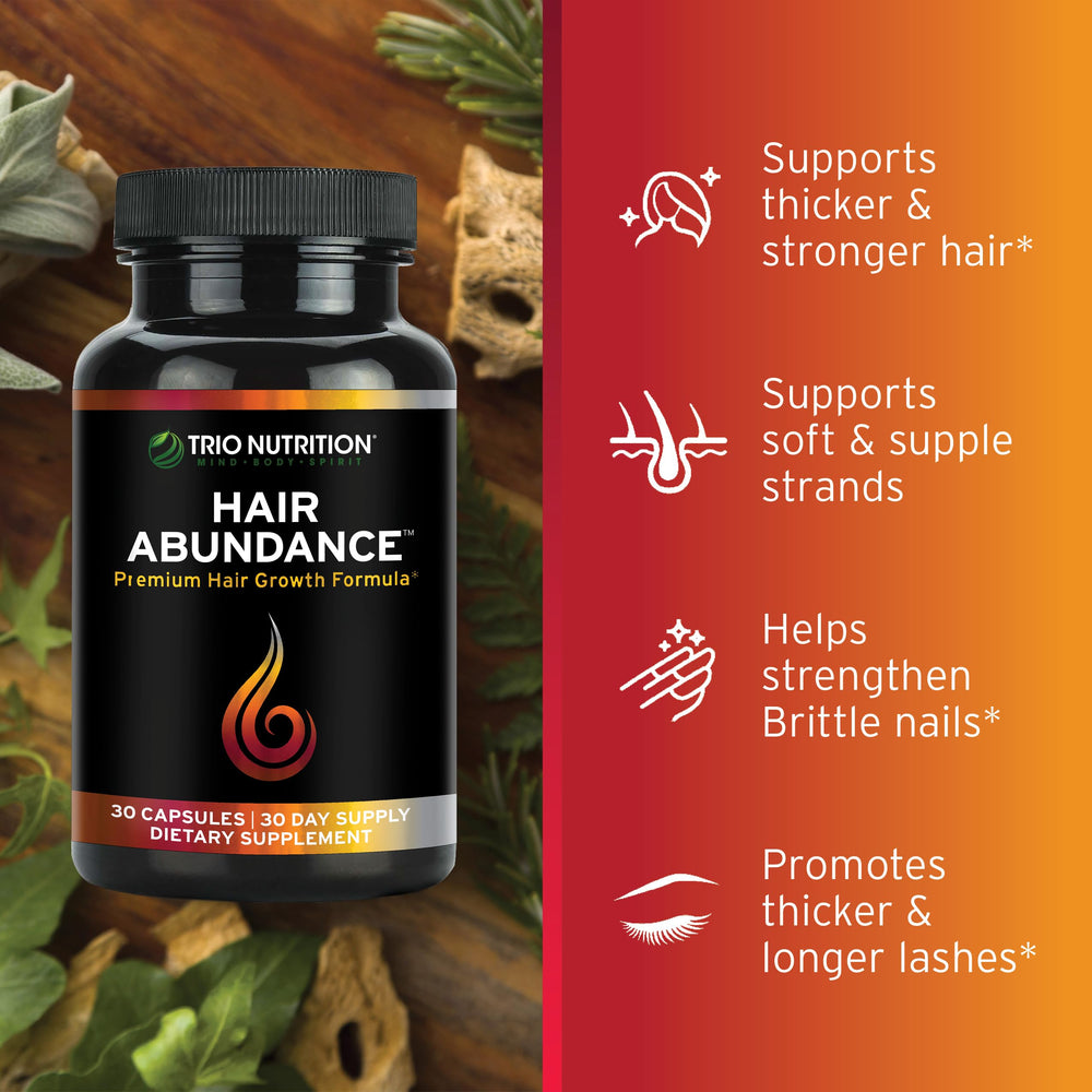 TRIO NUTRITION Hair Abundance ingredients panel showing zinc, selenium, keratin for overall support.