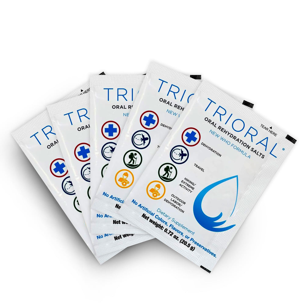 TRIORAL electrolyte powder poured into water for quick on-the-go hydration.