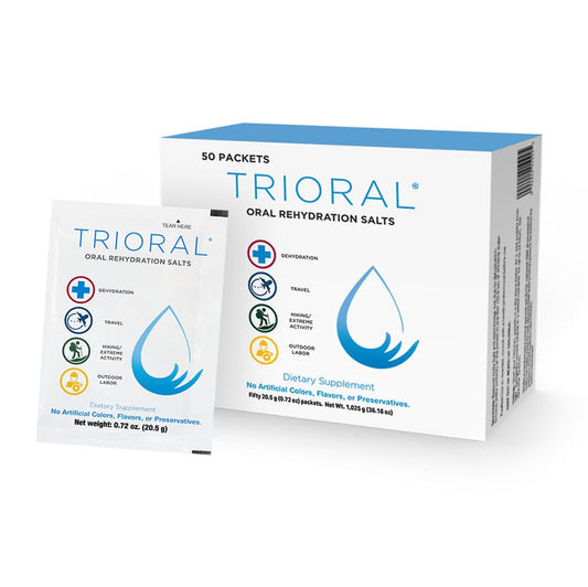 TRIORAL rehydration powder bottle with pour action for rapid electrolyte intake.
