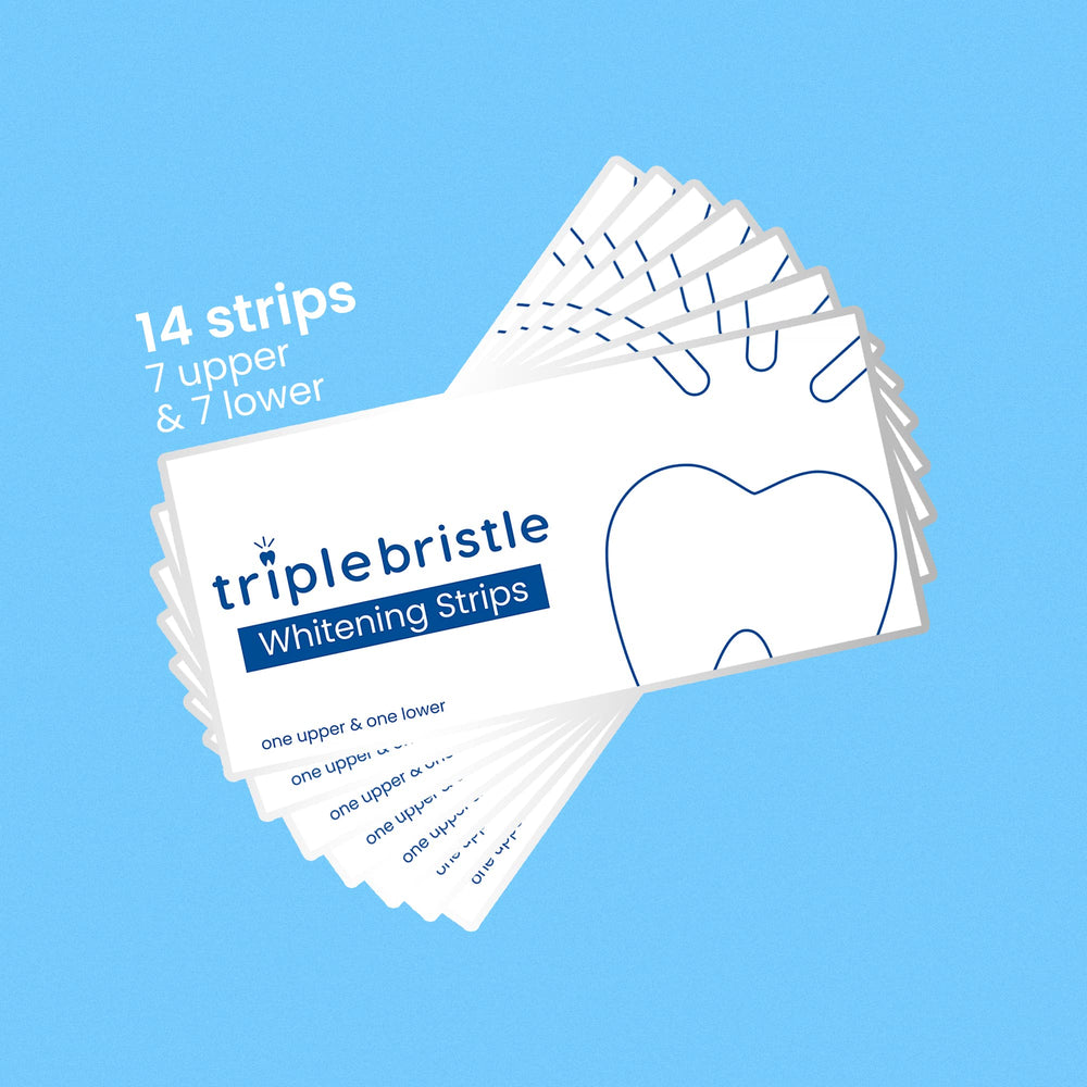 Triple Bristle box opened showing 14 whitening strips for three-pack value