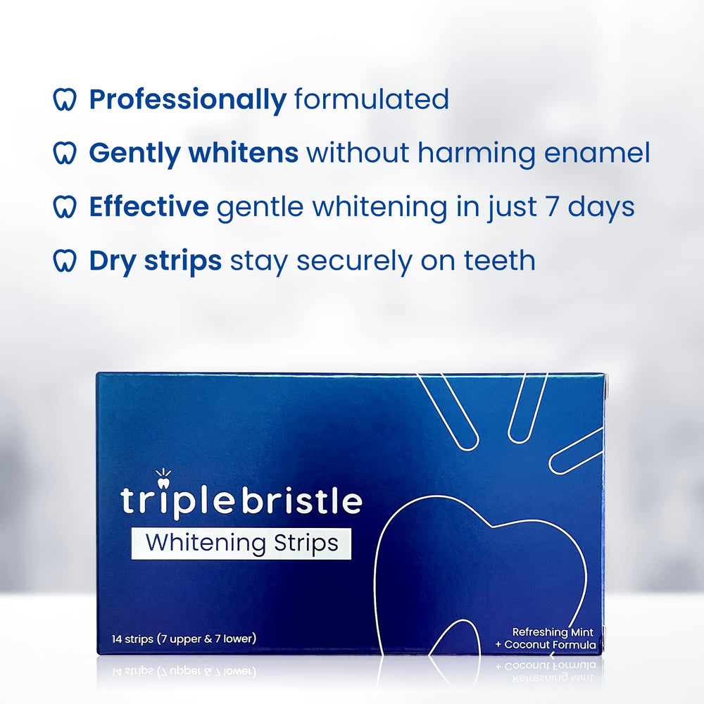 Triple Bristle strips applied to upper and lower teeth for an easy whitening routine