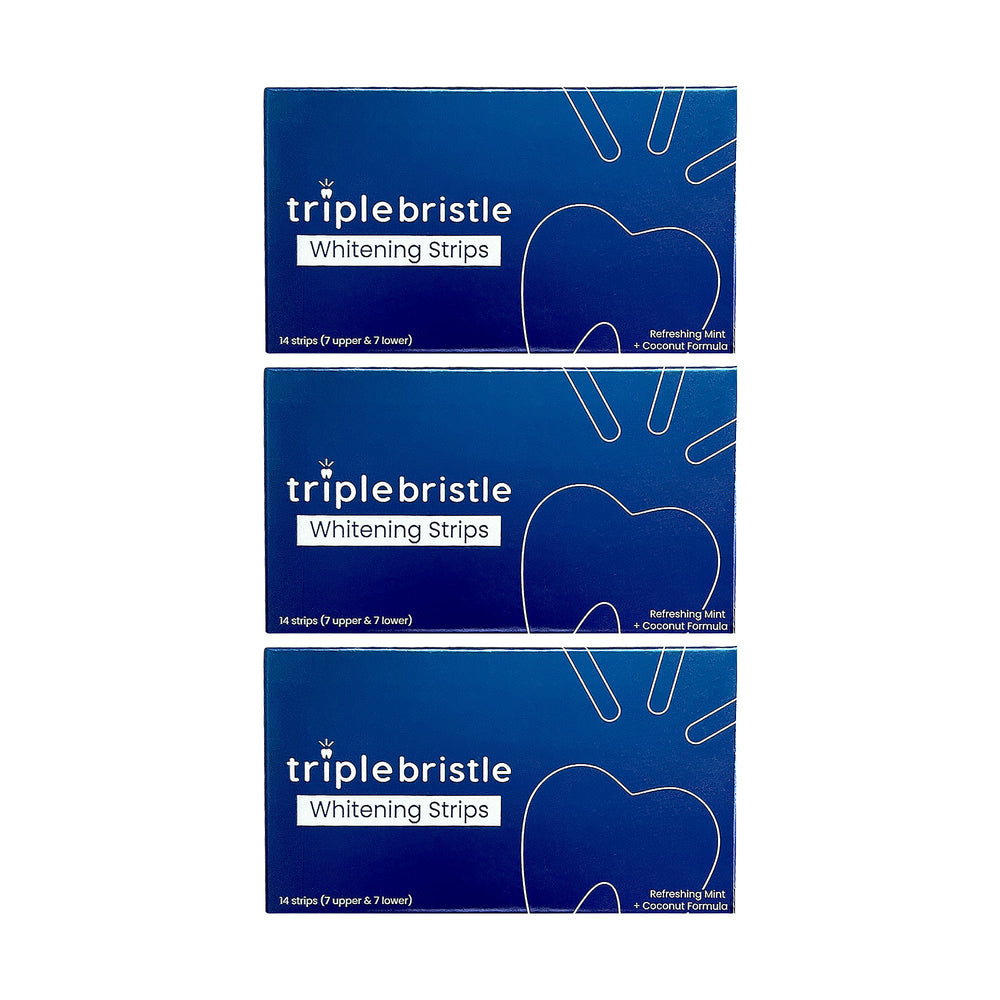 Triple Bristle whitening strips front box with mint coconut scent for freshness