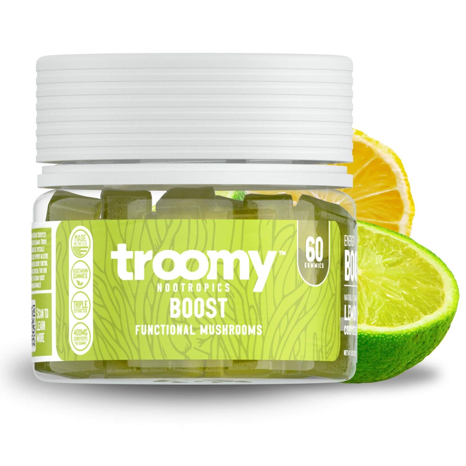Troomy Boost Cordyceps gummies front jar, vibrant Lemon Lime flavor for on-the-go energy