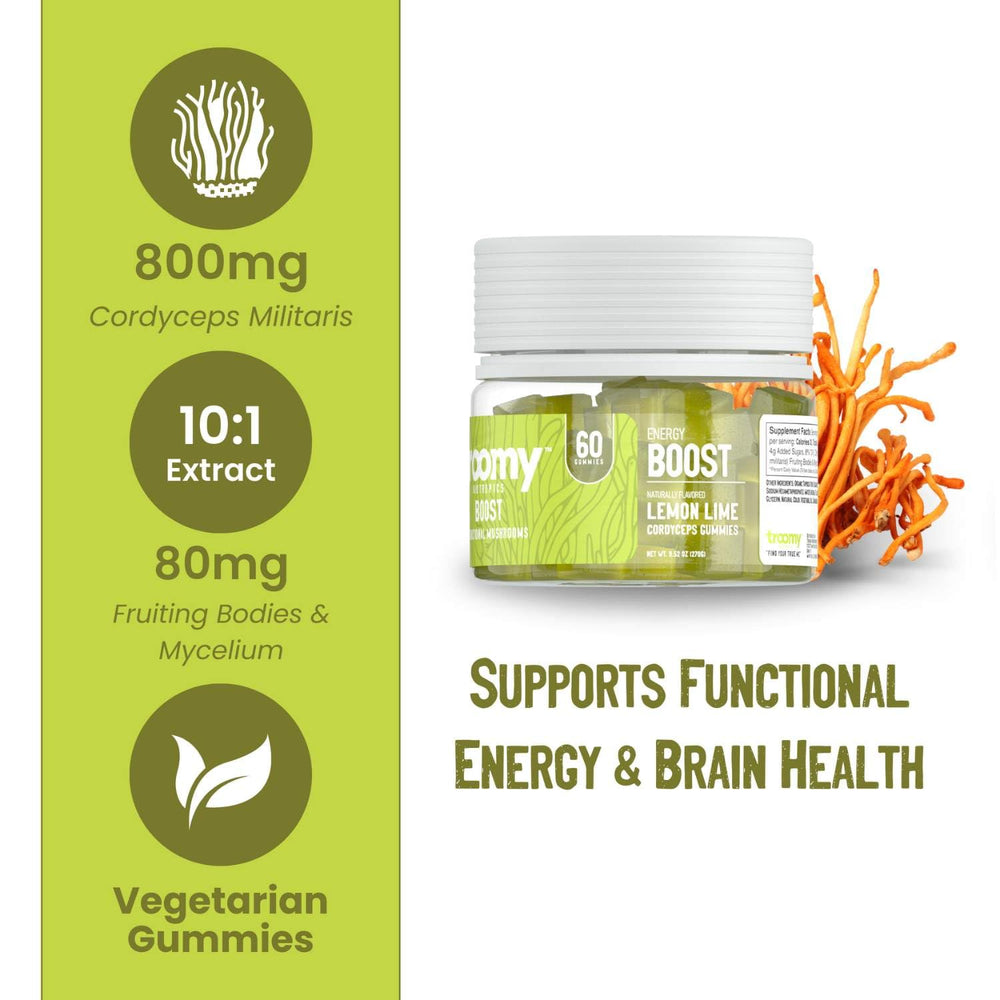 Troomy Boost Cordyceps gummies side jar, convenient 60-count bottle for daily routines