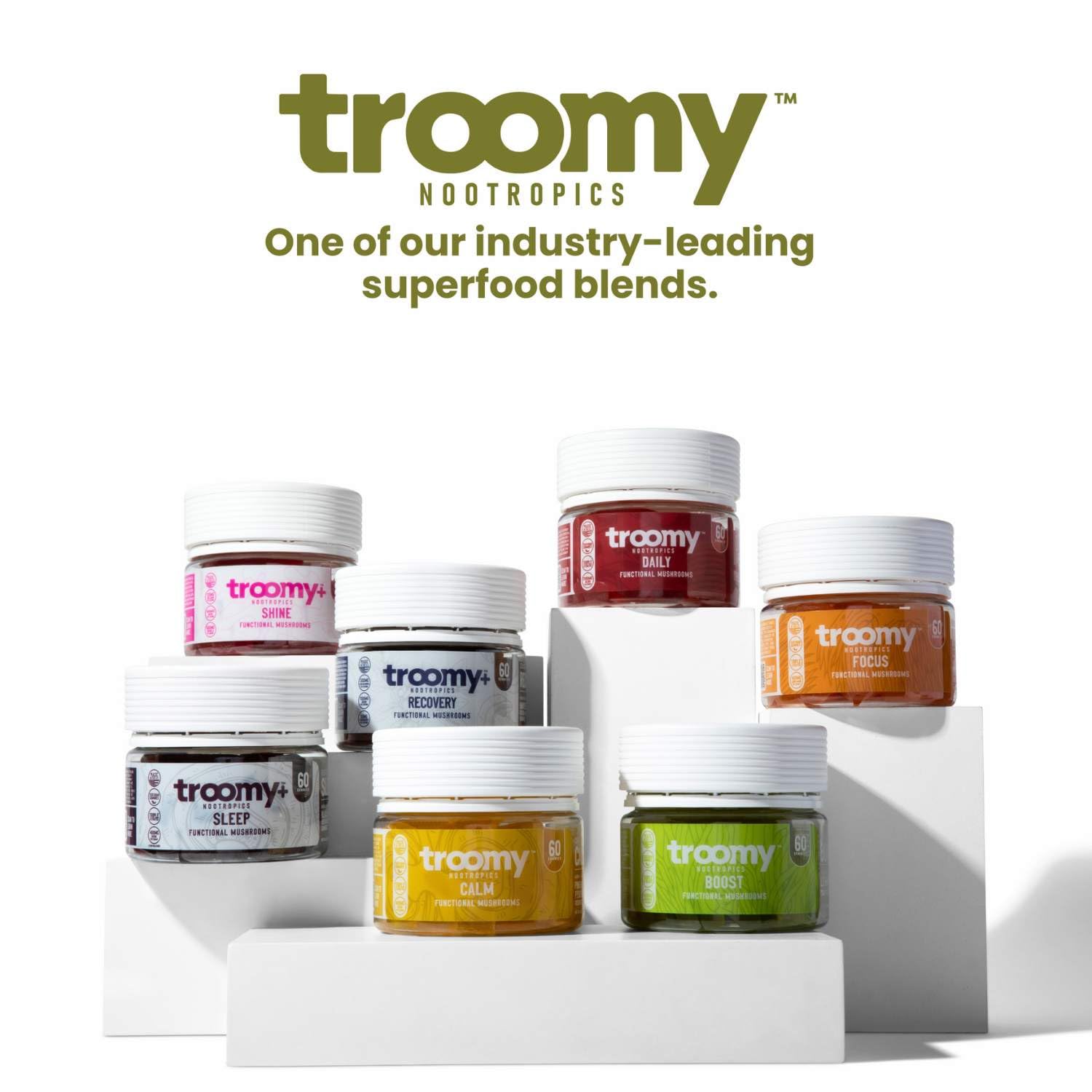 Troomy Boost Cordyceps gummies texture close-up, chewy bite with citrus notes