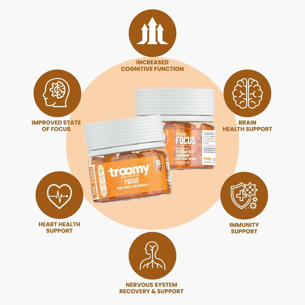 Troomy Lions Mane focus gummies passionfruit flavor offering a tasty mental boost.