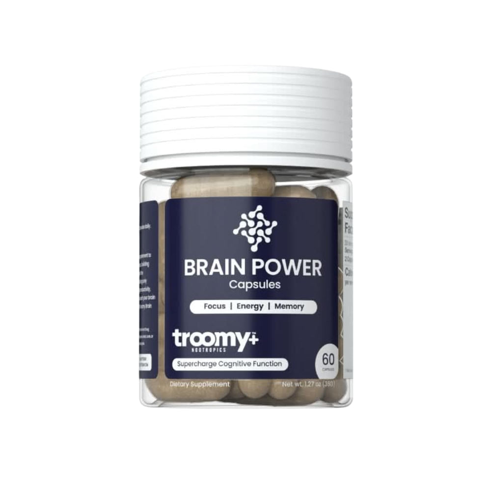 Troomy Nootropics Brain Power bottle front supports daily focus and calm routines.