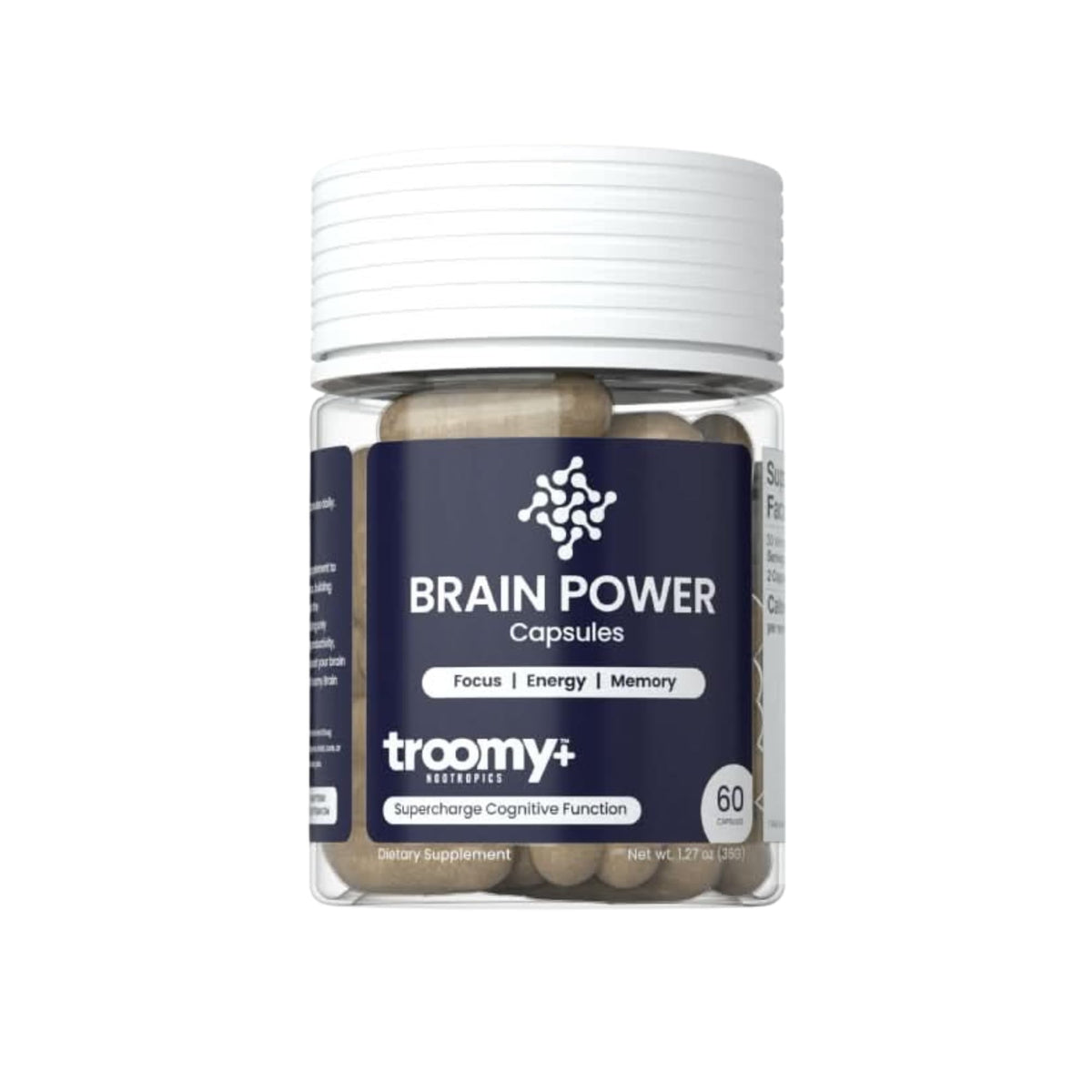 Troomy Nootropics Brain Power bottle front supports daily focus and calm routines.