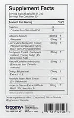 Troomy Brain Power ingredients image emphasizes plant-based, stimulant-free formula.