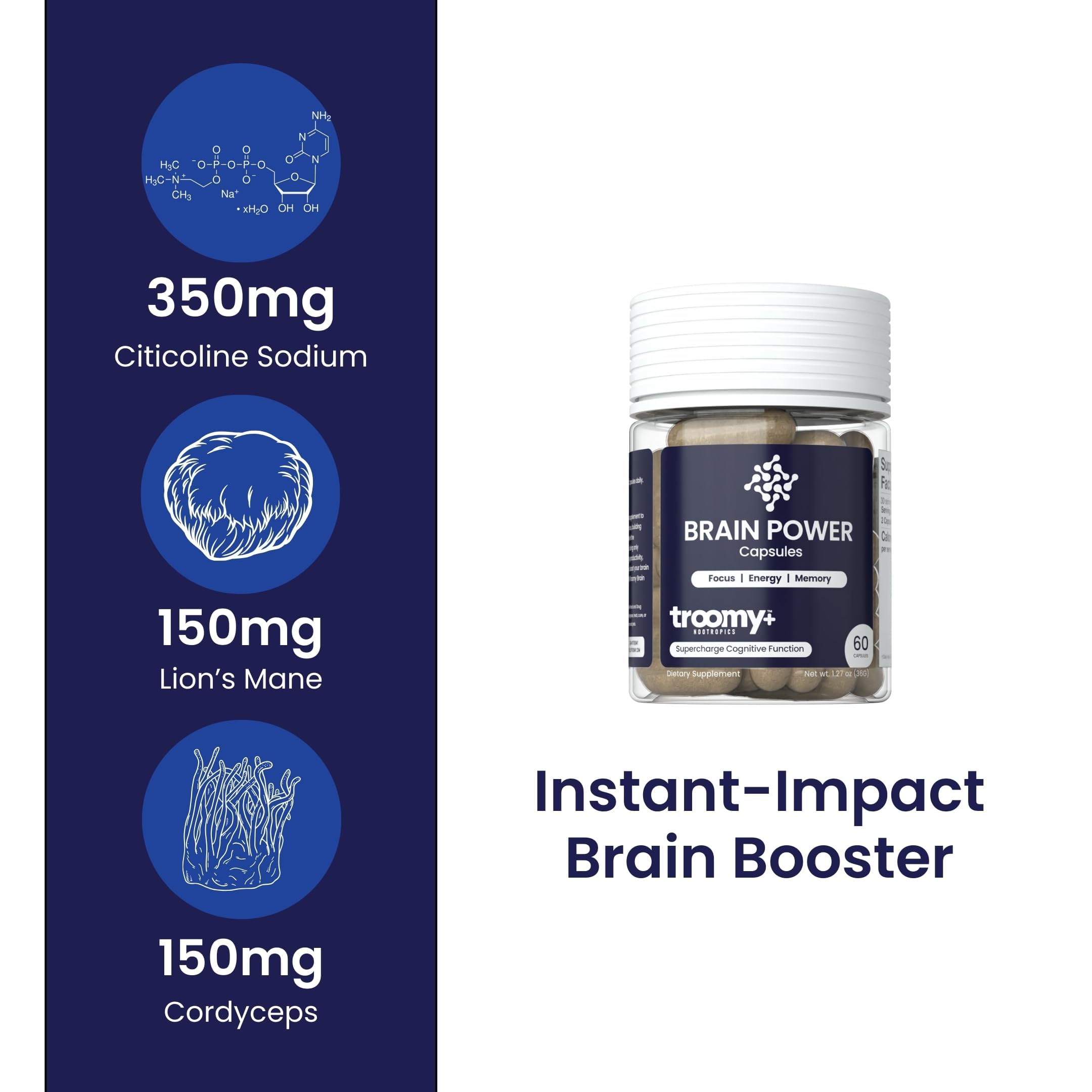 Troomy Brain Power label detail shows Citicoline, Lion’s Mane, Cordyceps blend.