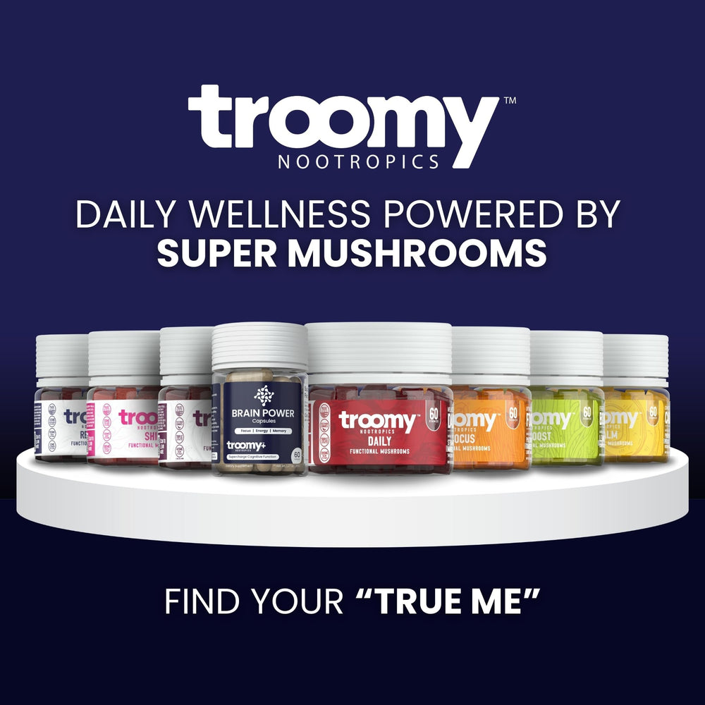Troomy Brain Power Lions Mane capsule close-up highlights natural ingredients.