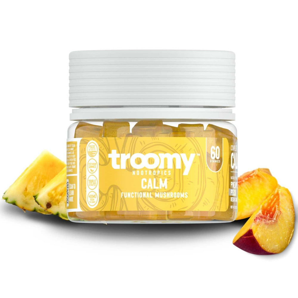 Troomy Reishi Calm gummies bottle ready for a calming daily routine.