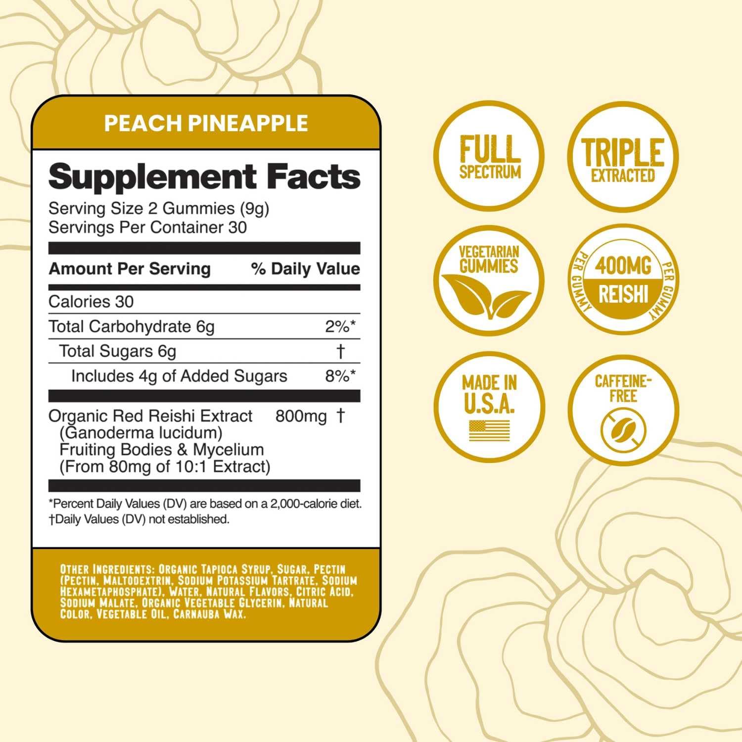 Troomy Reishi Calm gummies gluten-free and vegetarian-friendly label on packaging.