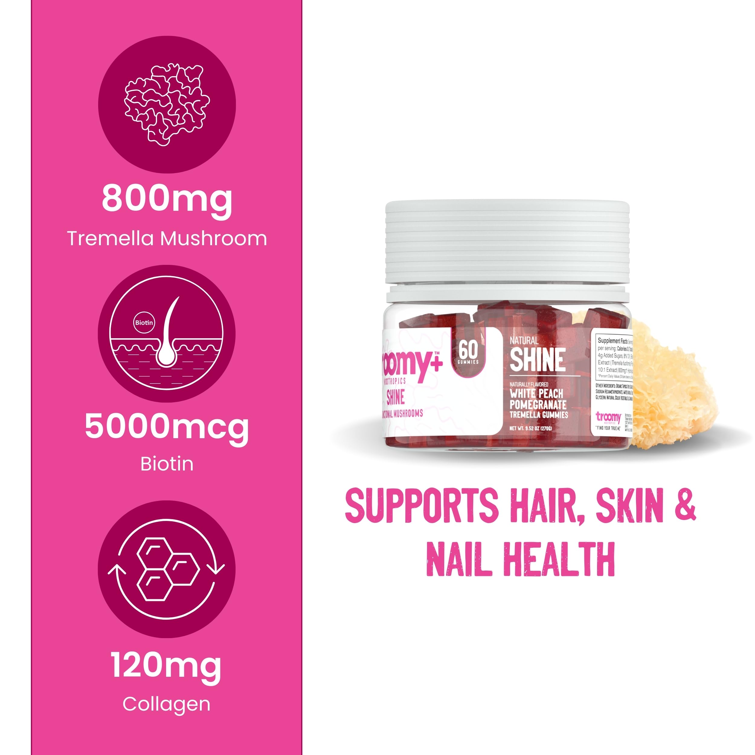 Close-up of the Troomy Shine label highlighting key ingredients.