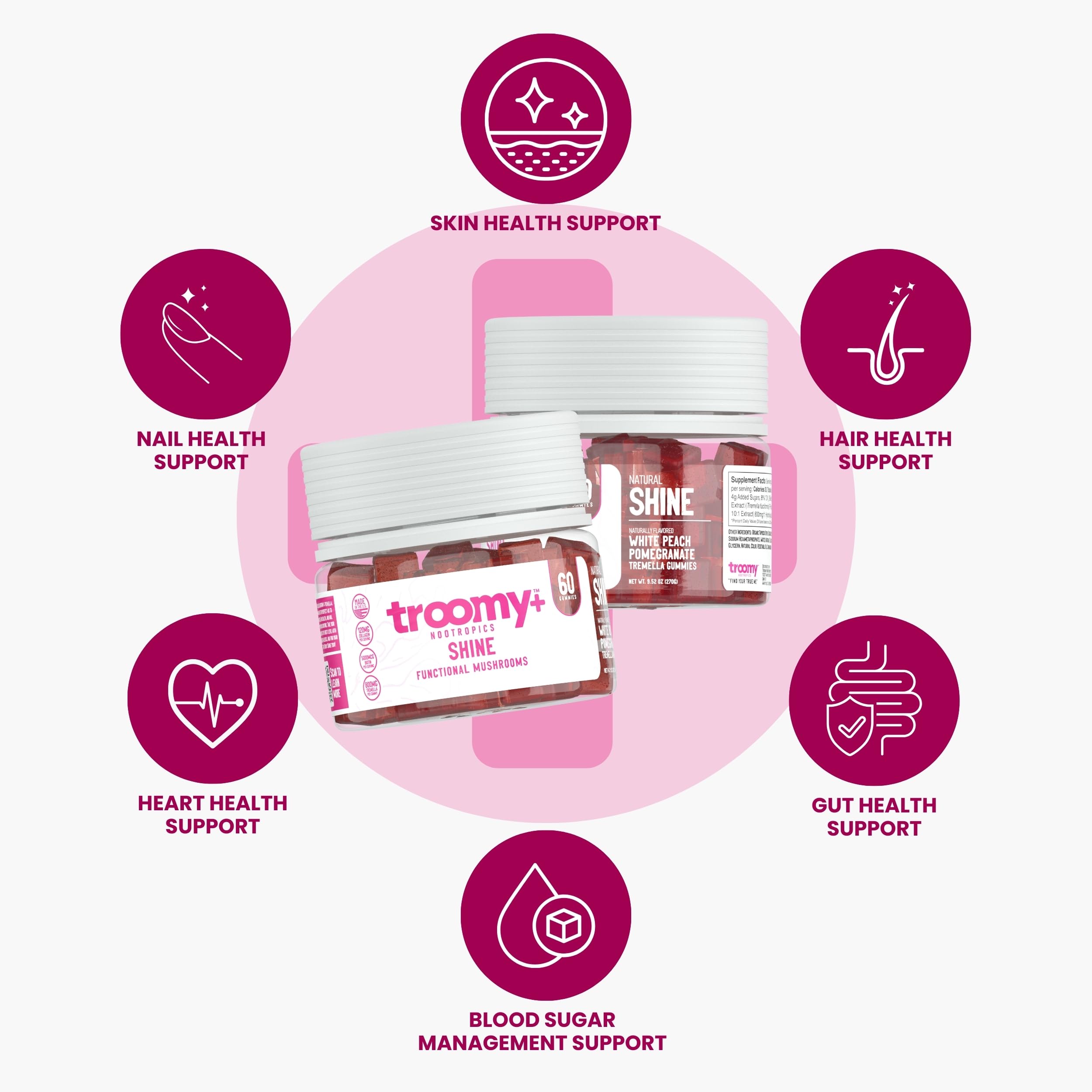 Gummies in pomegranate white peach flavor from Troomy Shine for beauty support.