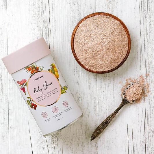 Tropeaka Body Bloom dairy-free tub signaling vegan beauty support for glow