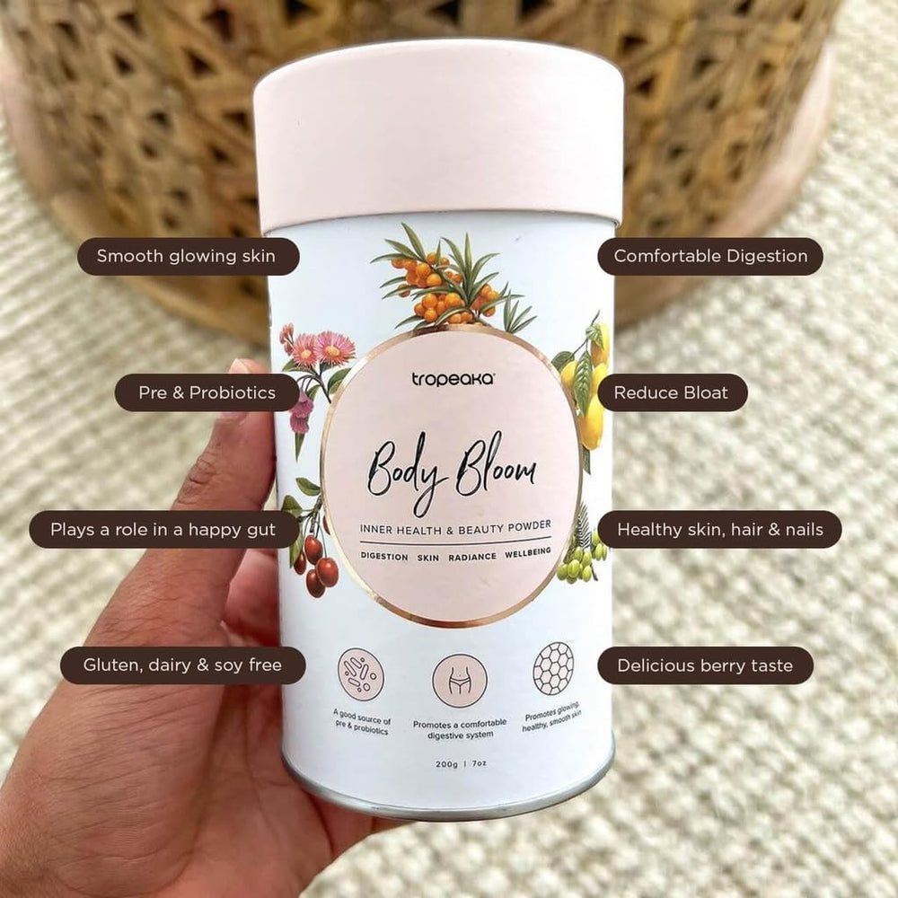Tropeaka Body Bloom scoop pictured with smoothie for daily nourishment