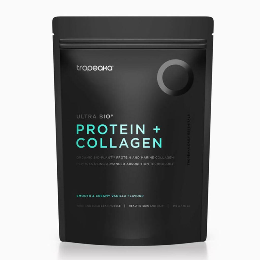 Tropeaka Creamy Vanilla collagen protein powder tub for smooth shakes and skin support.