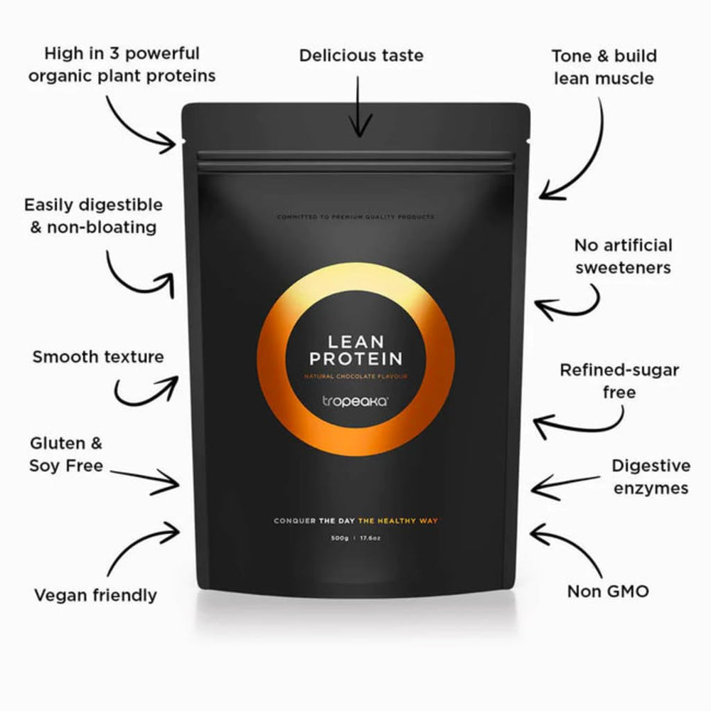 Tropeaka Lean Protein Chocolate being poured into a shaker for easy mix and dairy-free nutrition.