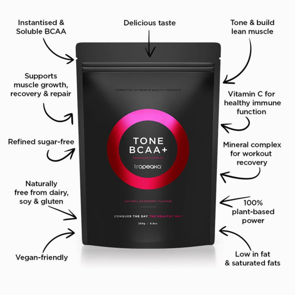 Tropeaka Tone BCAA+ label detail shows natural raspberry flavor.