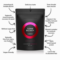 Tropeaka Tone BCAA+ label detail shows natural raspberry flavor.