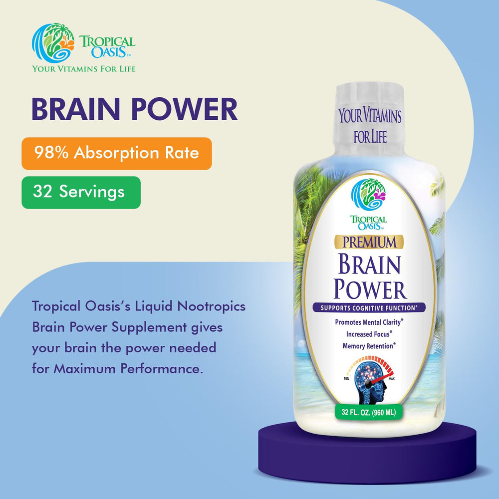 Tropical Oasis Brain Power ingredient panel displays the 10 active components.