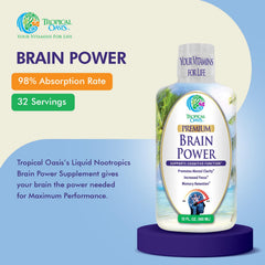 Tropical Oasis Brain Power ingredient panel displays the 10 active components.