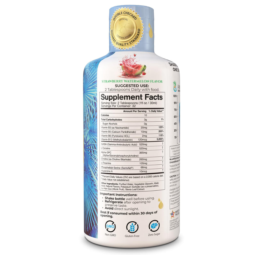 Tropical Oasis Brain Power liquid drops close-up shows easy daily dosing.