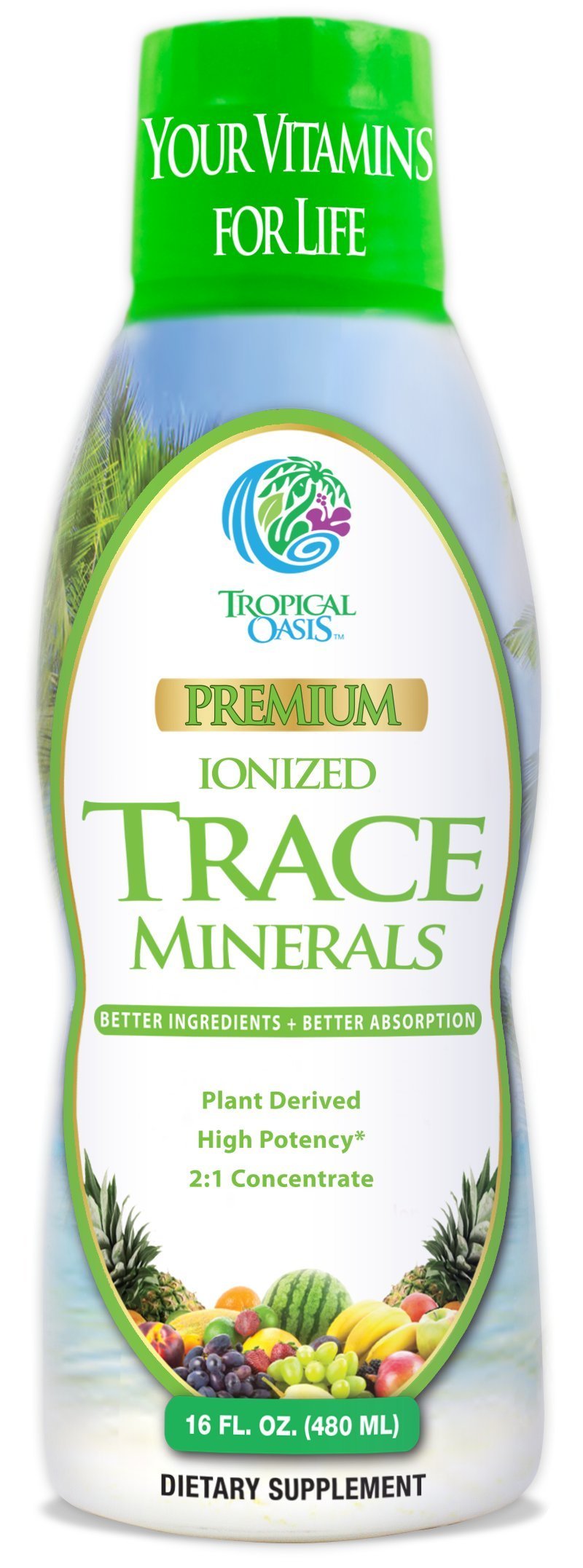 Tropical Oasis ionized minerals liquid bottle for convenient daily mineral intake