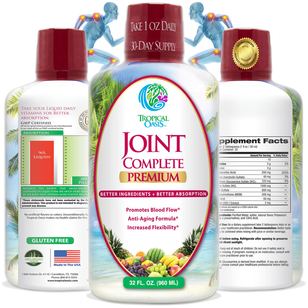 Tropical Oasis Joint Complete bottle showing the liquid formula for joint support