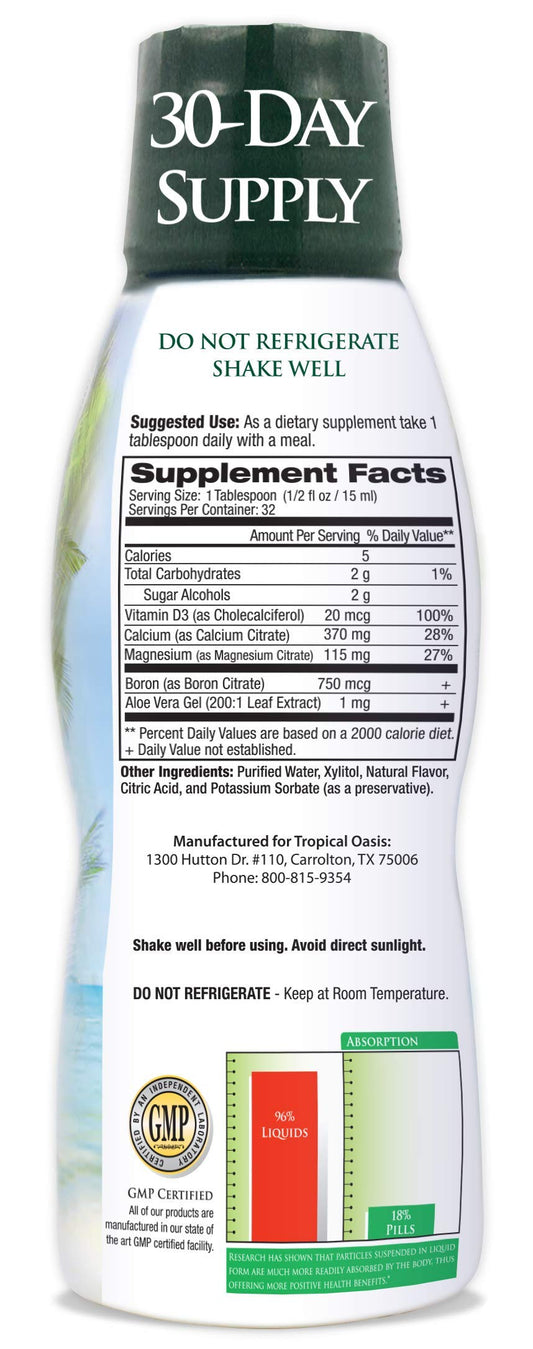 Tropical Oasis Liquid Calcium Magnesium bottle back label with dosing guidance