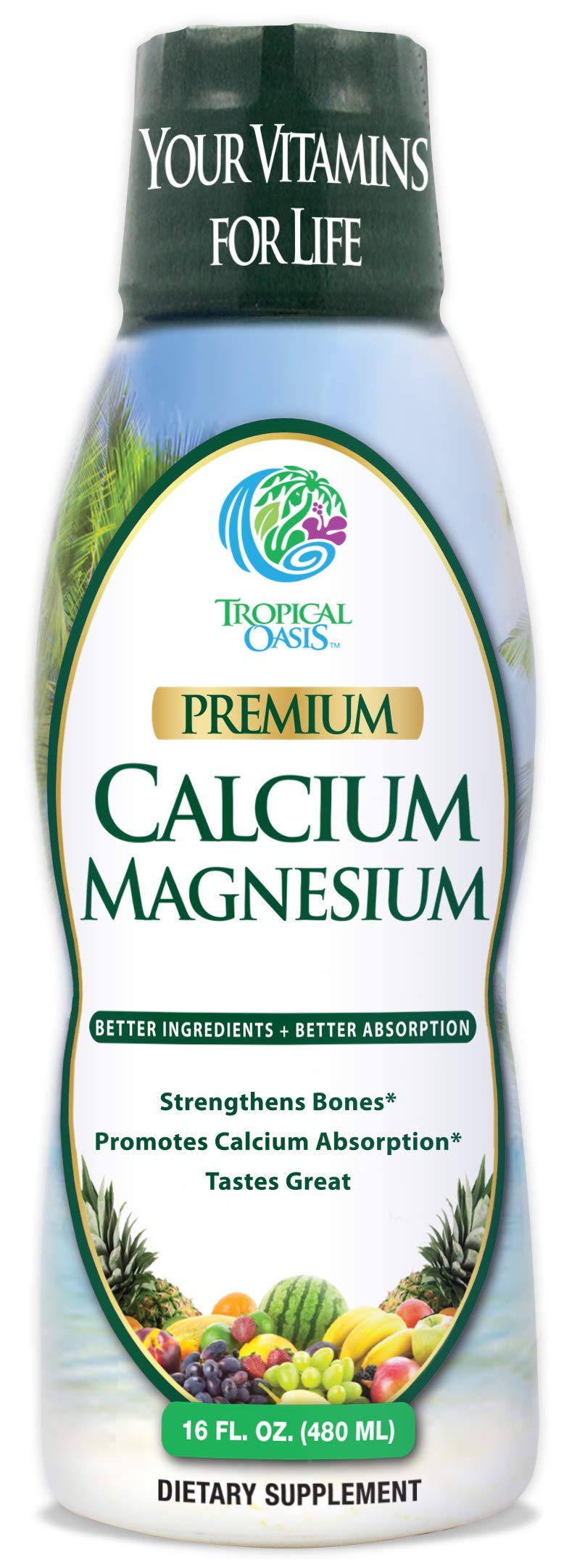 Tropical Oasis Liquid Calcium Magnesium bottle front for bone support
