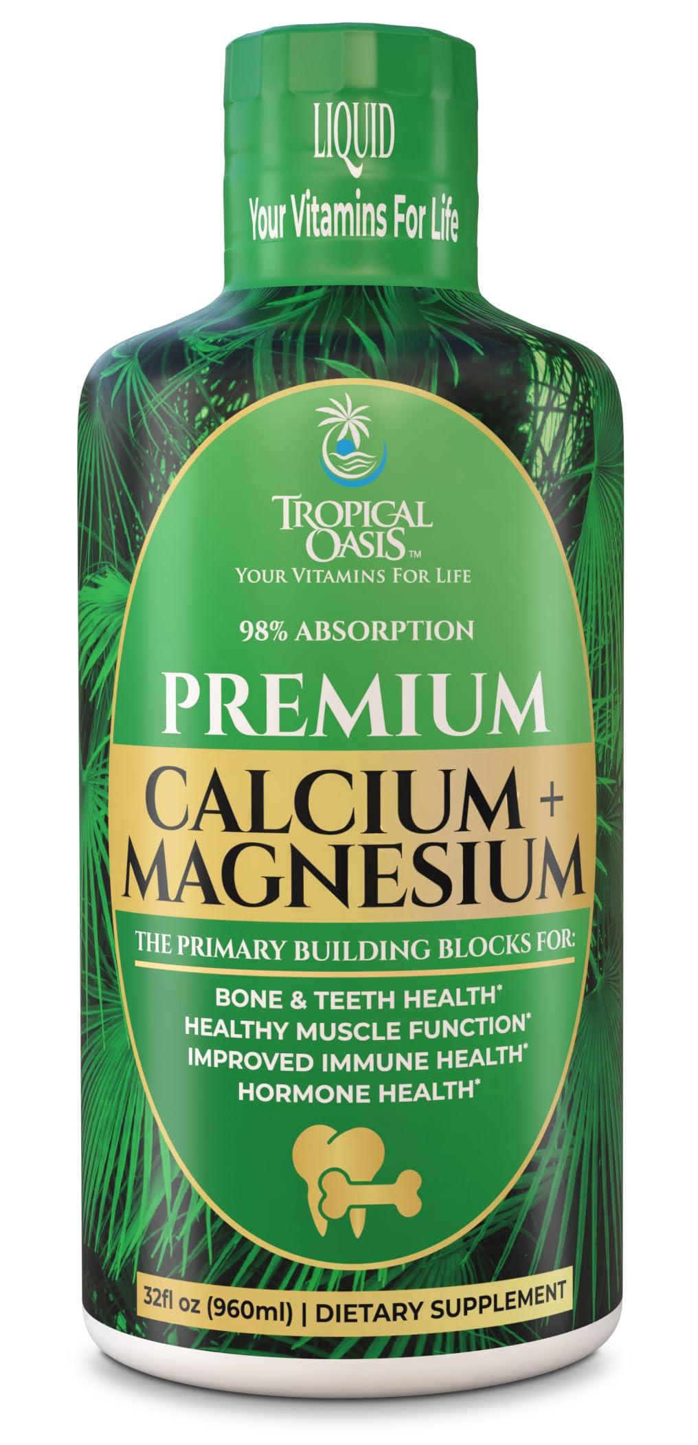 Tropical Oasis Liquid Calcium Magnesium bottle ready for daily bone health support.