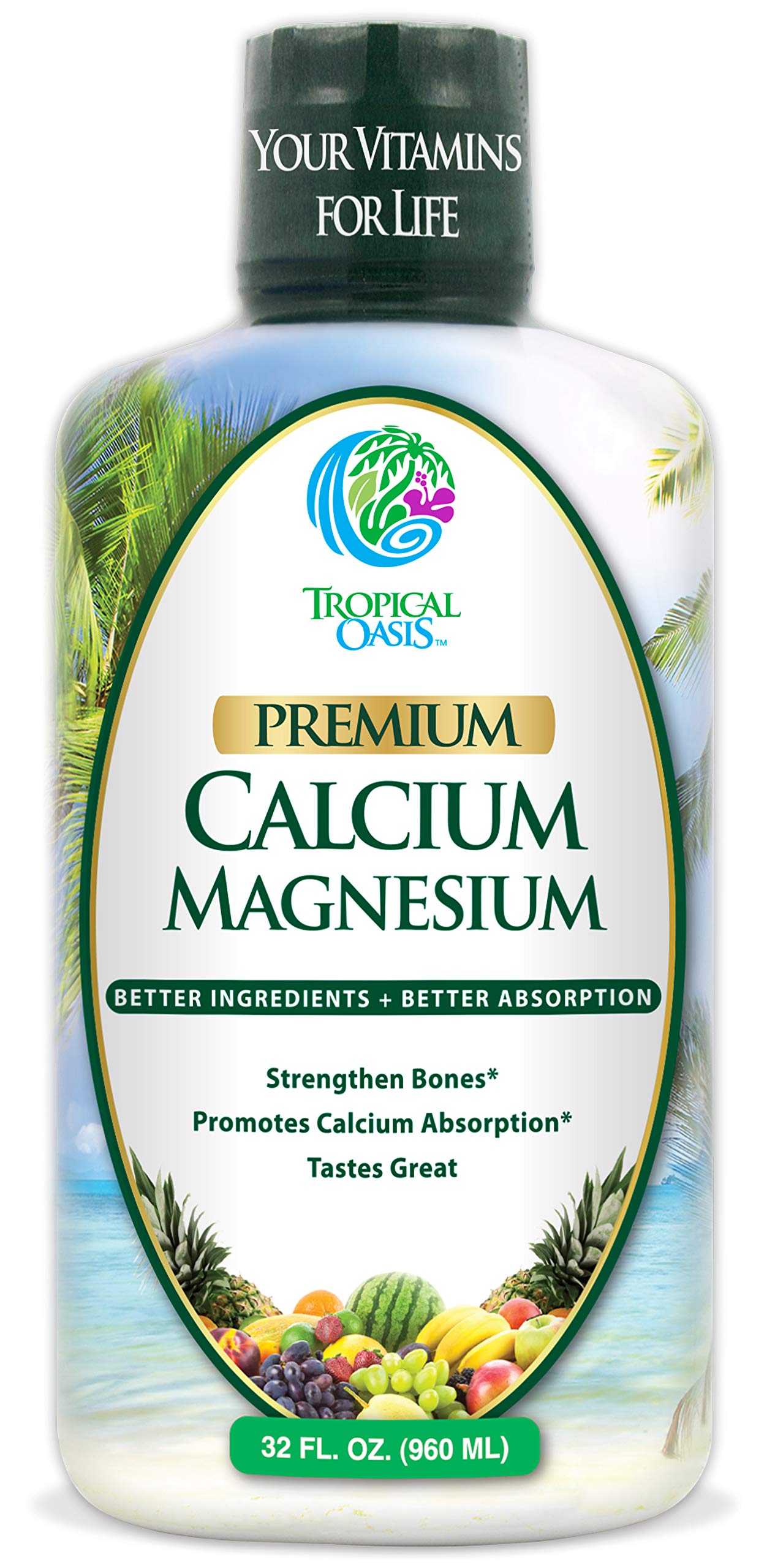 Tropical Oasis Liquid Calcium Magnesium bottle showing natural formula for bone support