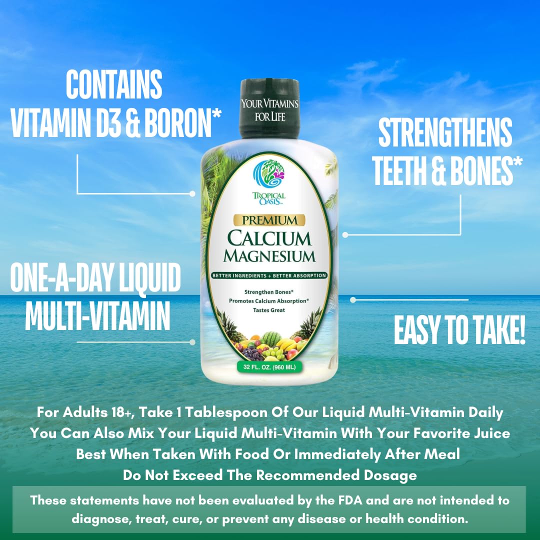 Tropical Oasis liquid calcium magnesium citrate pour showing easy daily dosing.