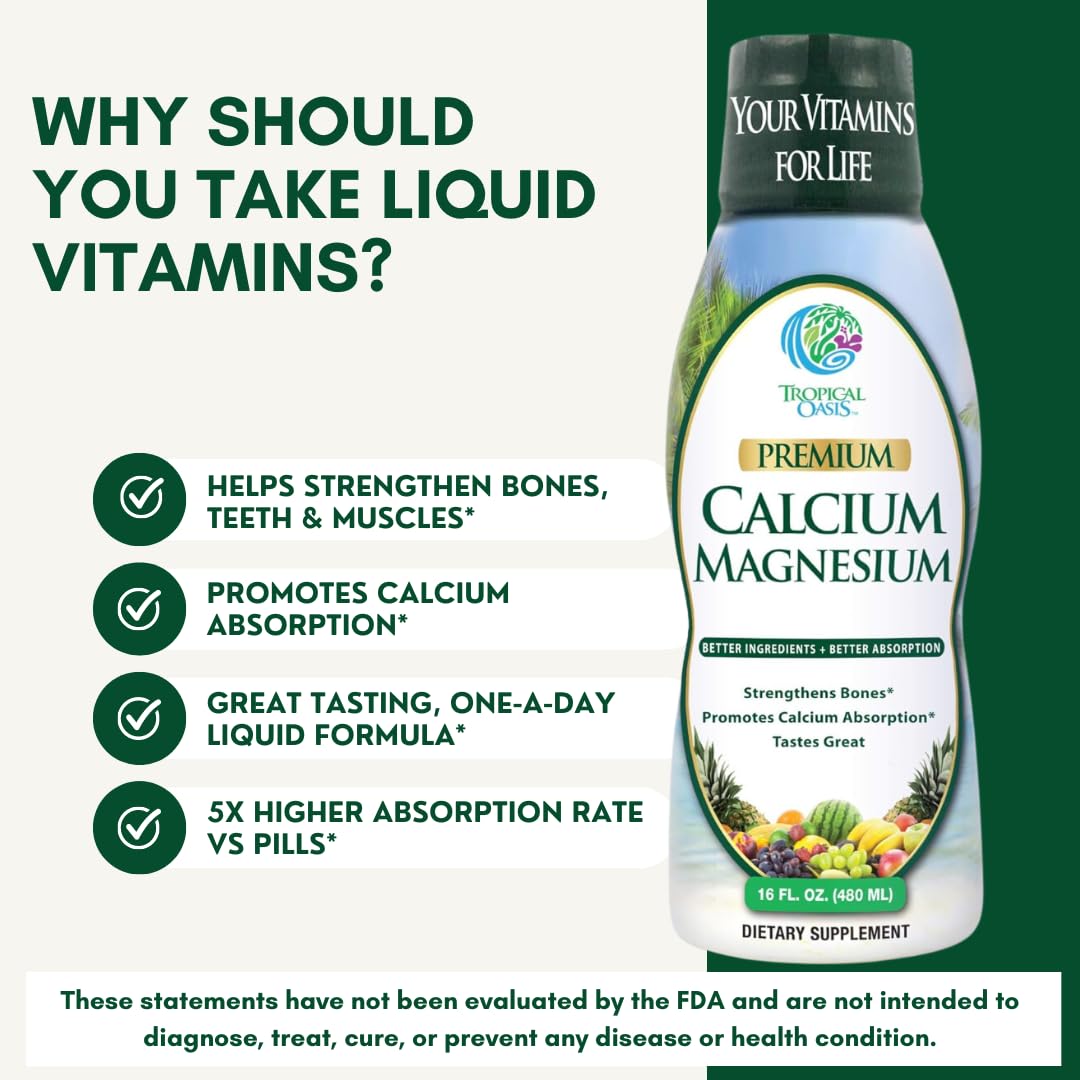 Tropical Oasis Liquid Calcium Magnesium bottle beside glass illustrating easy mixing