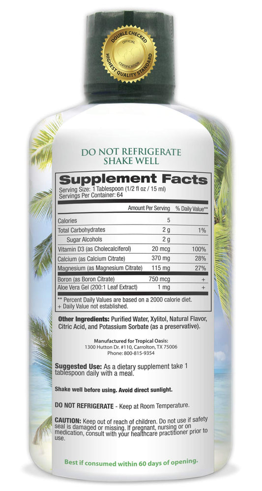 Close-up of Tropical Oasis label with calcium, magnesium, and vitamin D blend